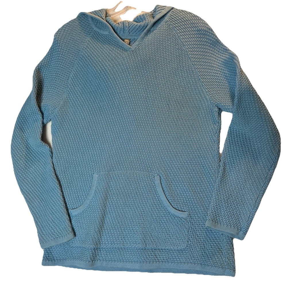 Hanna‎ Anderson Hoodie Sweater Women's M Blue Combed Cotton Waffle Knit Beachy